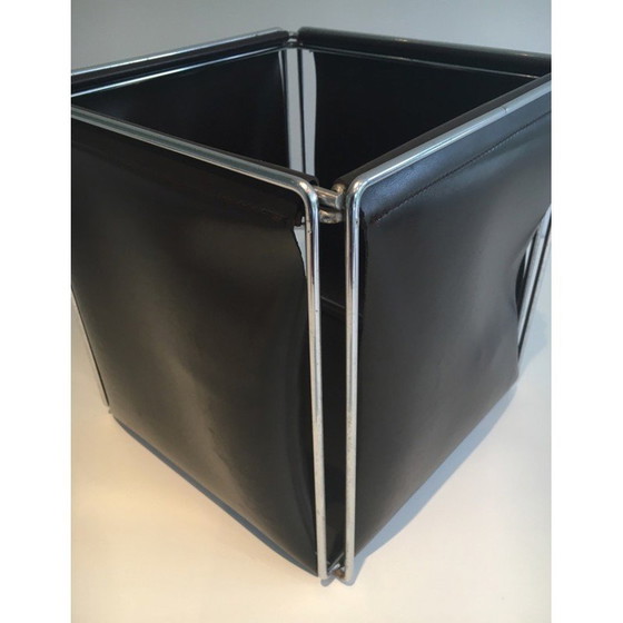 Image 1 of Vintage wastepaper basket in chrome and skai, 1970