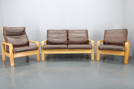 1970s L. Olsen & Søn Oak and Leather Living Room Set, Denmark