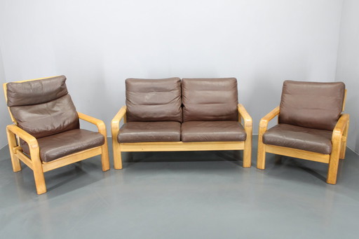 1970s L. Olsen & Søn Oak and Leather Living Room Set, Denmark