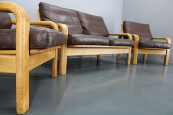 Image 1 of Set da soggiorno in quercia e pelle L. Olsen &amp; Søn, anni '70, Danimarca