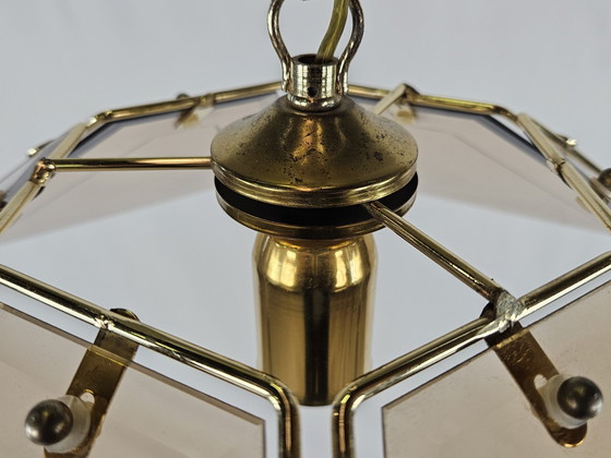 Image 1 of Hexagonal Hanging Light In Brass And Smoke Glass