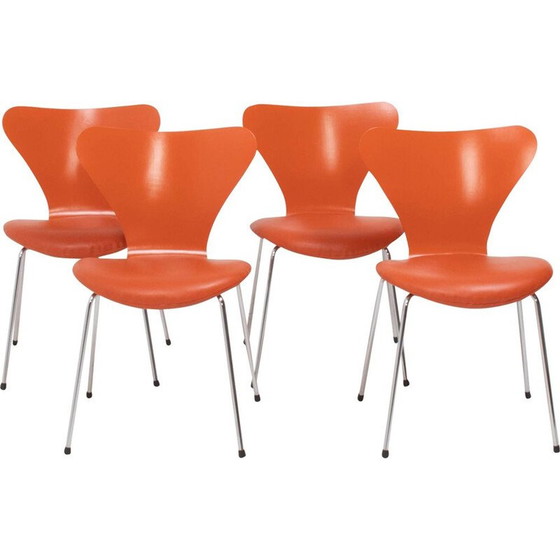 Image 1 of Set of 4 vintage orange leather chairs by Arne Jacobsen for Fritz Hansen, 1955