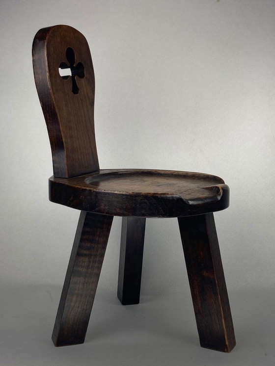 Image 1 of Sculptural Brutalist Chunky Tripod Stool In Oak, 1960S