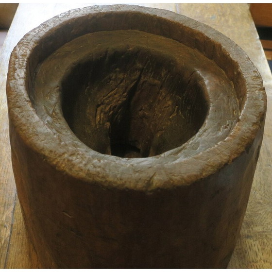 Image 1 of Vintage carved antique tree stump Boho coffee table with circular glass top