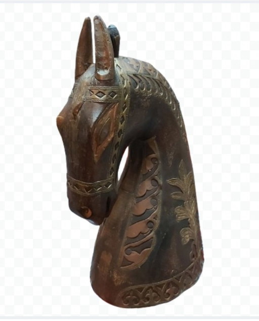 Rajasthan Persian Horse Head Wood And Brass