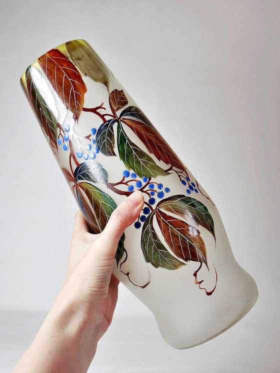 Image 1 of Art Nouveau Vase Vine Virgin Leune Enameled Glass 1861-1930