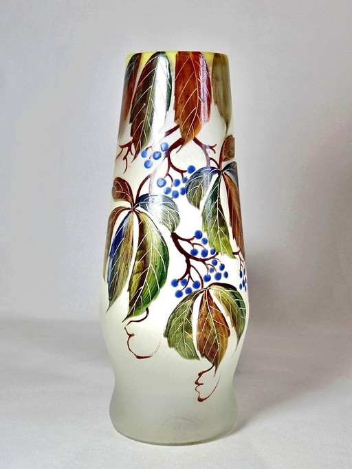 Art Nouveau Vase Vine Virgin Leune Enameled Glass 1861-1930