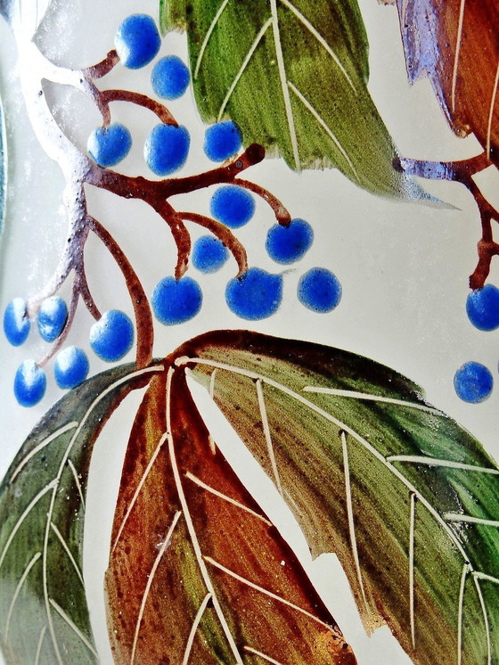 Image 1 of Art Nouveau Vase Vine Virgin Leune Enameled Glass 1861-1930