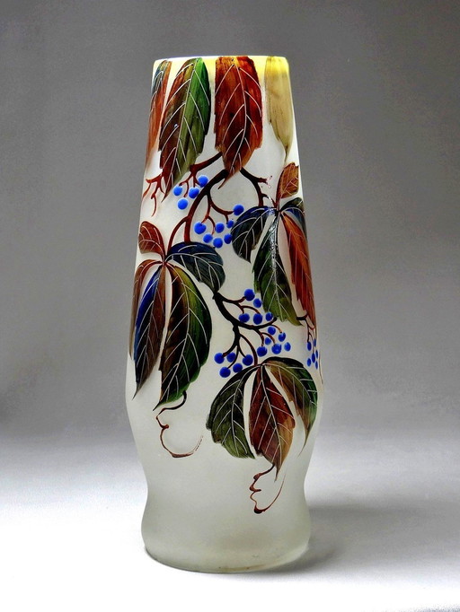 Art Nouveau Vase Vine Virgin Leune Enameled Glass 1861-1930