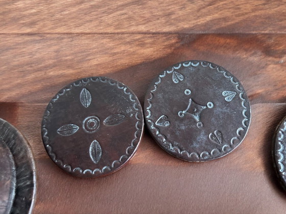 Image 1 of Authentic Handcrafted Tuareg Leather-Coated Wooden Coaster Set With Holder – From Mali