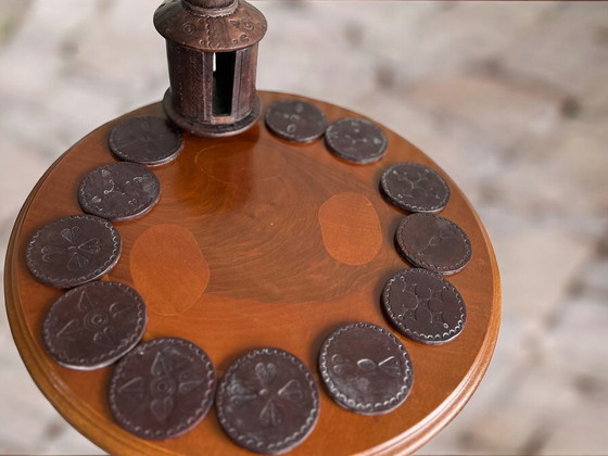 Image 1 of Authentic Handcrafted Tuareg Leather-Coated Wooden Coaster Set With Holder – From Mali