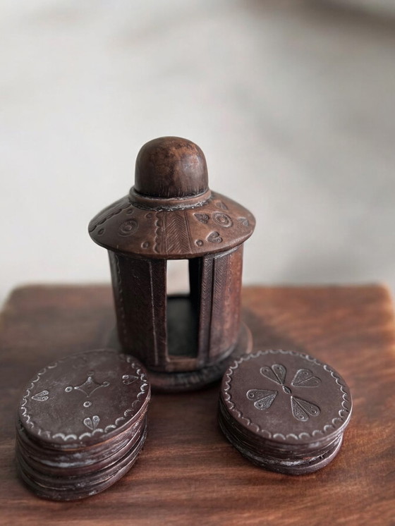 Image 1 of Authentic Handcrafted Tuareg Leather-Coated Wooden Coaster Set With Holder – From Mali