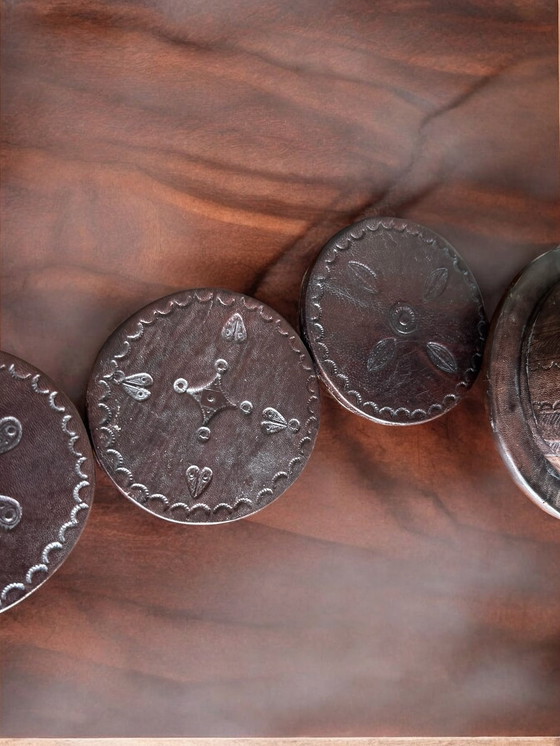 Image 1 of Authentic Handcrafted Tuareg Leather-Coated Wooden Coaster Set With Holder – From Mali