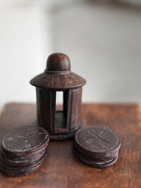 Image 1 of Authentic Handcrafted Tuareg Leather-Coated Wooden Coaster Set With Holder – From Mali