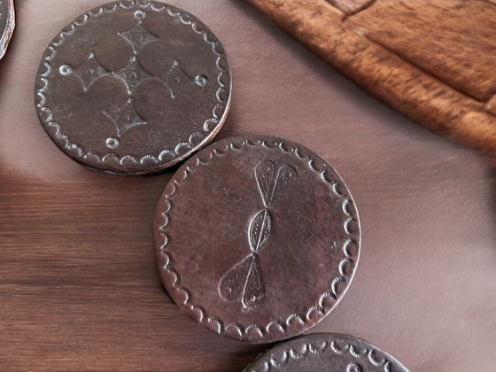 Image 1 of Authentic Handcrafted Tuareg Leather-Coated Wooden Coaster Set With Holder – From Mali