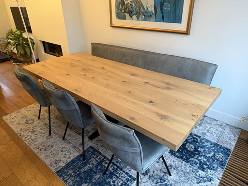 Oak Wooden Table With Bench And Three Chairs