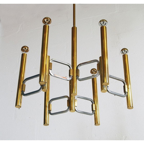 Image 1 of Vintage chandelier in polished brass and chrome by Gaetano Sciolari, Italy 1970