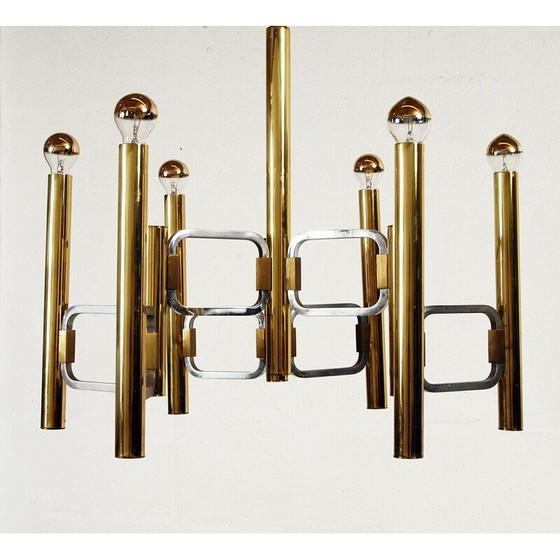 Image 1 of Vintage chandelier in polished brass and chrome by Gaetano Sciolari, Italy 1970