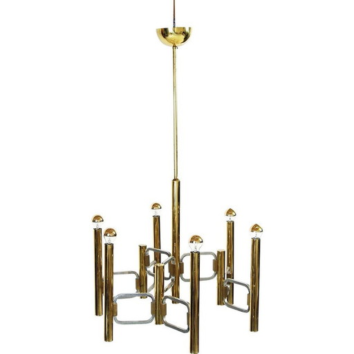Vintage chandelier in polished brass and chrome by Gaetano Sciolari, Italy 1970
