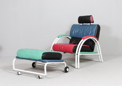 Postmodern lounge chair/armchair with ottoman in the style of Memphis Milano, Italy, 1980s