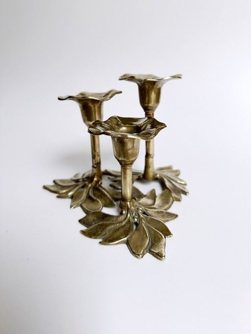 Vintage Art Nouveau candlestick 3 flames brass 1970s 1960s floral metal