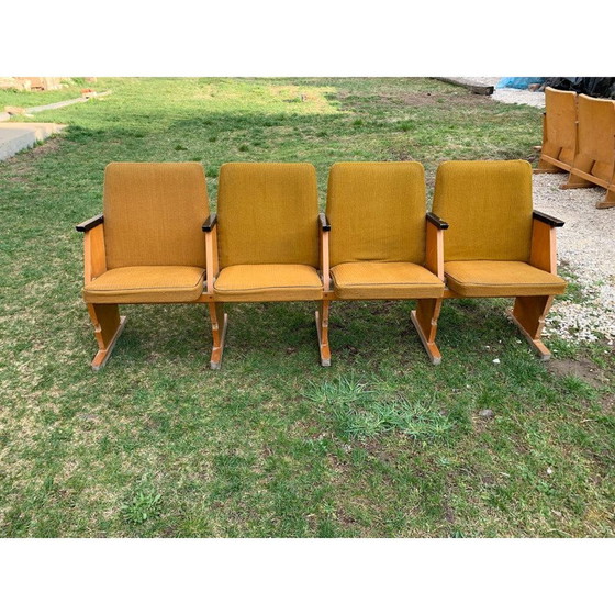 Image 1 of Vintage Hungarian cinema bench with 4 seats in ochre, 1950