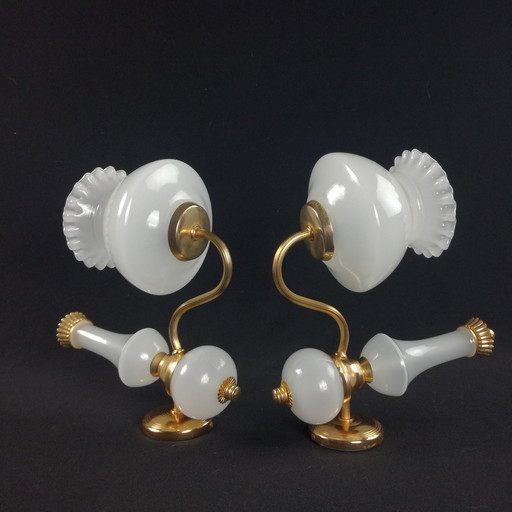 2 Gold Metal And Milky Glass Gooseneck Wall Lights