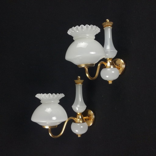 2 Gold Metal And Milky Glass Gooseneck Wall Lights