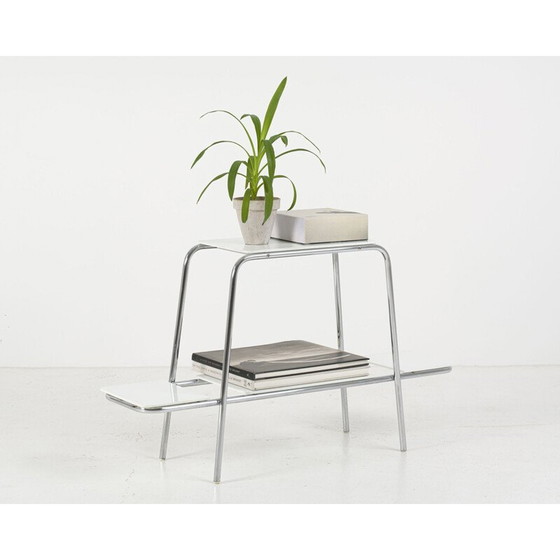 Image 1 of Vintage Bauhaus chrome side table flower stand with white opaxite glass 1930s