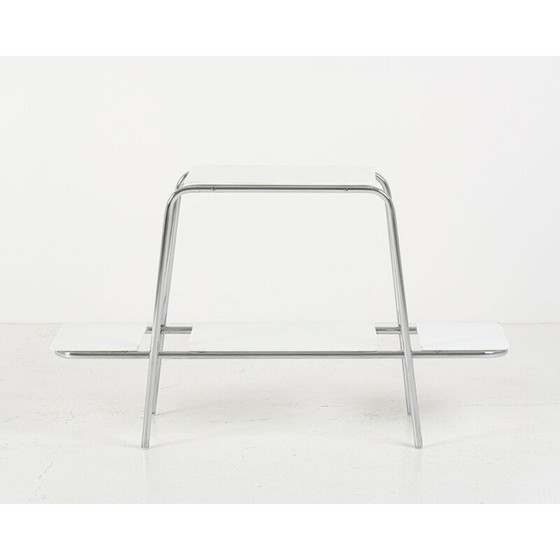 Image 1 of Vintage Bauhaus chrome side table flower stand with white opaxite glass 1930s