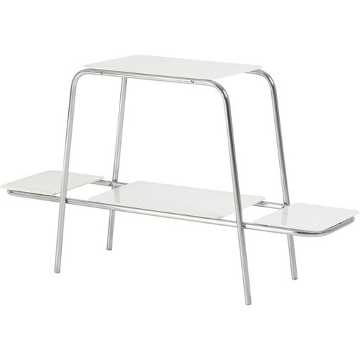 Tavolino portafiori vintage Bauhaus cromato con vetro opalino bianco, anni '30