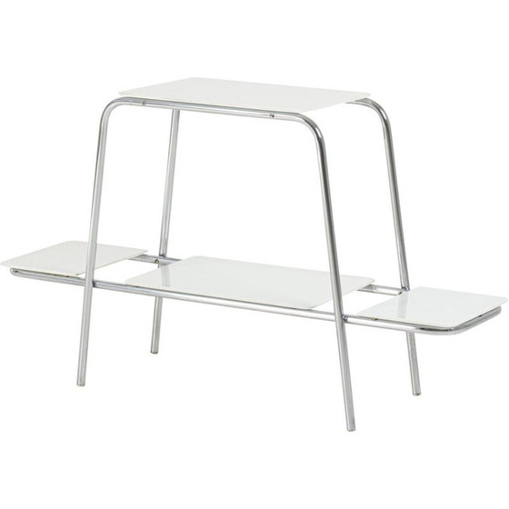 Image 1 of Vintage Bauhaus chrome side table flower stand with white opaxite glass 1930s