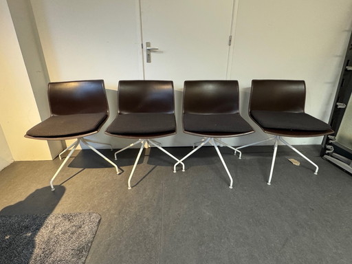 4X Arper Brown Leather Chairs With White Swivel Legs And With Cushion