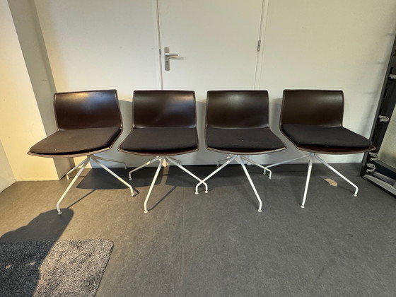 Image 1 of 4X Arper Brown Leather Chairs With White Swivel Legs And With Cushion