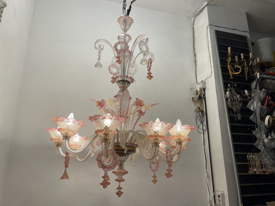 Image 1 of Large Venetian Pink Mouth Blown Glass Chandelier 1960’S