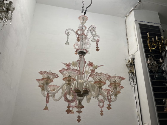 Image 1 of Large Venetian Pink Mouth Blown Glass Chandelier 1960’S