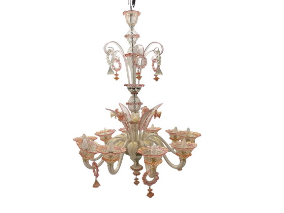 Image 1 of Large Venetian Pink Mouth Blown Glass Chandelier 1960’S