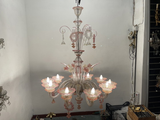 Image 1 of Large Venetian Pink Mouth Blown Glass Chandelier 1960’S