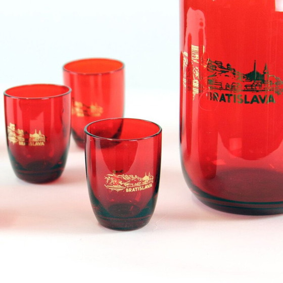 Image 1 of Vintage liquor bottle and glasses set in red glass, Czech 1960