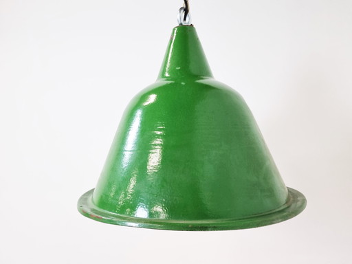 Large vintage industrial green enamel pendant lights, 1960s