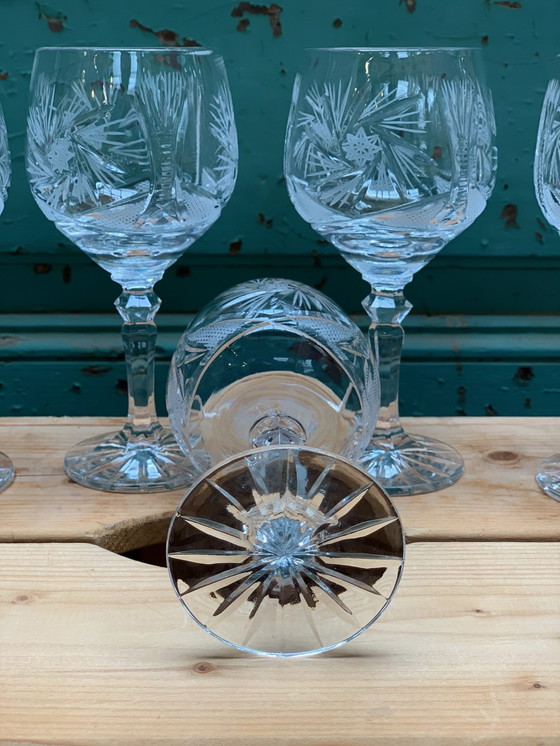 Image 1 of 5x hand-blown deep cut crystal wine glasses