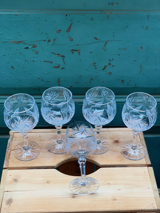 Image 1 of 5x hand-blown deep cut crystal wine glasses