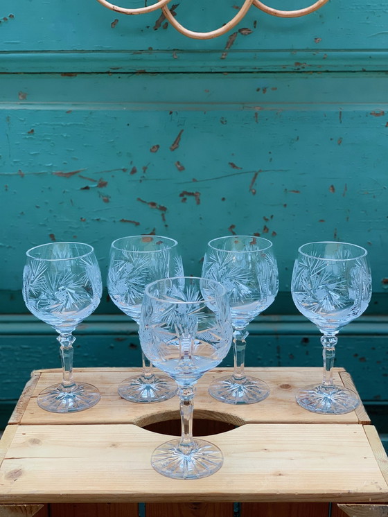 Image 1 of 5x hand-blown deep cut crystal wine glasses