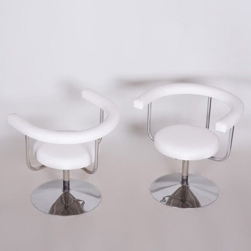 Pair of vintage white swivel leather and steel armchairs, 1940s