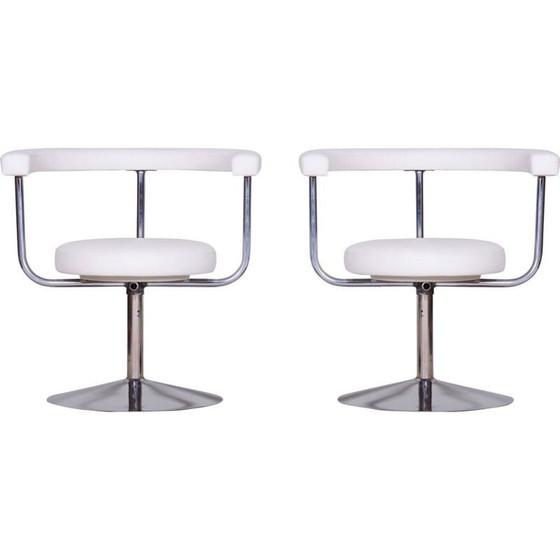Image 1 of Coppia di poltrone girevoli vintage in pelle bianca e acciaio, anni '40