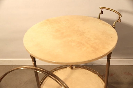 Image 1 of Aldo Tura Bar Cart Serving Liquor Trolley in Brass Crème Dyed Vellum Goatskin