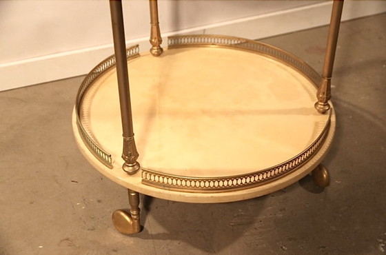 Image 1 of Aldo Tura Bar Cart Serving Liquor Trolley in Brass Crème Dyed Vellum Goatkin