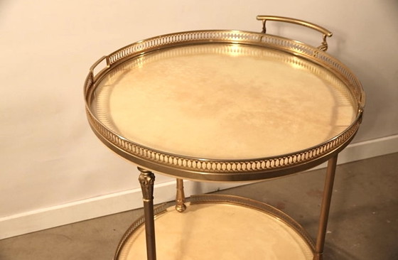 Image 1 of Aldo Tura Bar Cart Serving Liquor Trolley in Brass Crème Dyed Vellum Goatskin