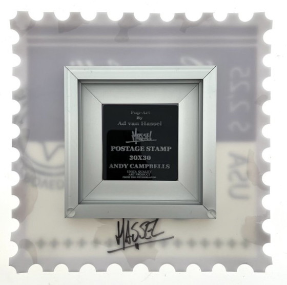 Image 1 of Ad Van Hassel: “Francobollo d&#39;arte di lusso, omaggio alla zuppa Campbell”.