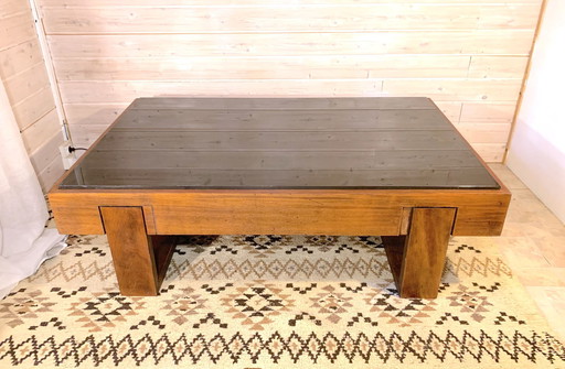 Rosewood Coffee Table, With Black Glass Top, Brazil 1970S